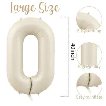 40 Inch Cream White 0 Balloon - Large Foil Birthday Balloon for Parties and Celebrations