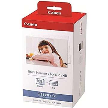 Canon KP-108IN 3 Color Ink Cassette and 108 Sheets 4 x 6 Paper Glossy for SELPHY CP1300, CP1200, CP910, CP900, CP760, CP770, CP780 CP800. Bonus: Quality Photo Microfiber Cloth