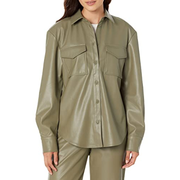 The Drop Women's Faux Leather Shirt Jacket - Olive XS