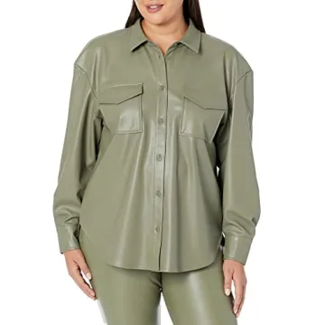 The Drop Women's Faux Leather Shirt Jacket - Olive XS
