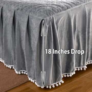 LIFEREVO Luxury Pom Poms Velvet Bed Skirt, Velvet Wrap Around Bed Skirt, Diamond Quilted Fitted Bed Sheet with Bedskirt, 18 Inch Drop Dust Ruffle Decorative Bed Skirt Pompoms Fringe(Full/Queen, Gray)