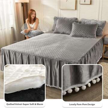 LIFEREVO Luxury Pom Poms Velvet Bed Skirt, Velvet Wrap Around Bed Skirt, Diamond Quilted Fitted Bed Sheet with Bedskirt, 18 Inch Drop Dust Ruffle Decorative Bed Skirt Pompoms Fringe(Full/Queen, Gray)