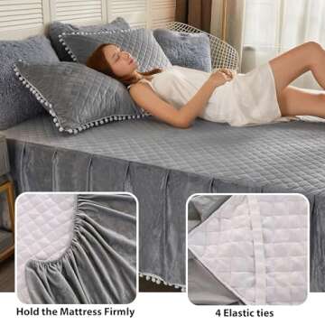 LIFEREVO Luxury Pom Poms Velvet Bed Skirt, Velvet Wrap Around Bed Skirt, Diamond Quilted Fitted Bed Sheet with Bedskirt, 18 Inch Drop Dust Ruffle Decorative Bed Skirt Pompoms Fringe(Full/Queen, Gray)