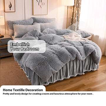 LIFEREVO Luxury Pom Poms Velvet Bed Skirt, Velvet Wrap Around Bed Skirt, Diamond Quilted Fitted Bed Sheet with Bedskirt, 18 Inch Drop Dust Ruffle Decorative Bed Skirt Pompoms Fringe(Full/Queen, Gray)