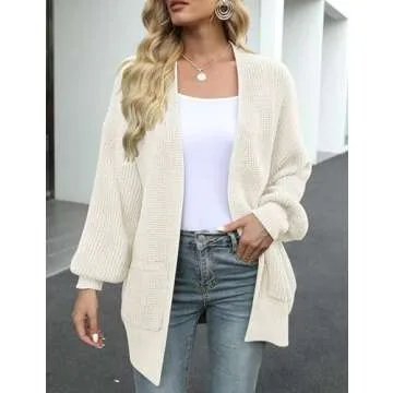 MEROKEETY Women's Fall Open Front Long Lantern Sleeve Cardigan Oversized Chunky Outwear with Pocket Beige