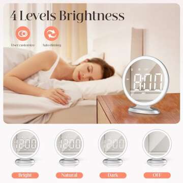 Round Mirror Lighted Digital Alarm Clock, Mirror Surface for Makeup, Large Display, Easy Setting, Auto DST, Auto Dimming, USB Port, Modern Decor for Home, Bedroom, Office, Gift for Women, Girl, Silver