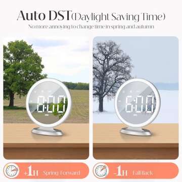 Round Mirror Lighted Digital Alarm Clock, Mirror Surface for Makeup, Large Display, Easy Setting, Auto DST, Auto Dimming, USB Port, Modern Decor for Home, Bedroom, Office, Gift for Women, Girl, Silver