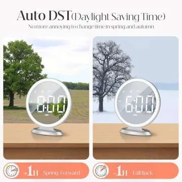 Round Mirror Lighted Digital Alarm Clock, Mirror Surface for Makeup, Large Display, Easy Setting, Auto DST, Auto Dimming, USB Port, Modern Decor for Home, Bedroom, Office, Gift for Women, Girl, Silver