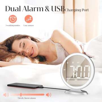 Round Mirror Lighted Digital Alarm Clock, Mirror Surface for Makeup, Large Display, Easy Setting, Auto DST, Auto Dimming, USB Port, Modern Decor for Home, Bedroom, Office, Gift for Women, Girl, Silver