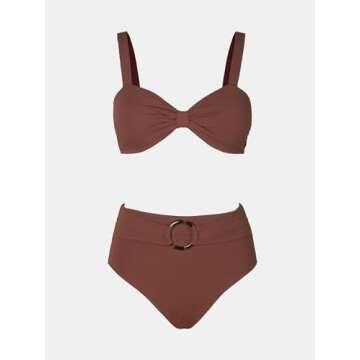 CUPSHE Women's Bowkont Front Bikini Set Tummy Control High Waisted Belted Bathing Suit, L Brown