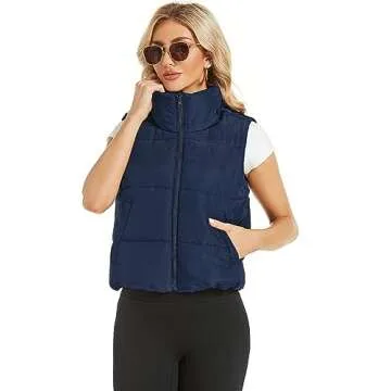 Hount Womens Winter Puffer Vest Lightweight Sleeveless Padded Gilet Qulilted Stand Collar Outwear Vest with Pockets (XL, Navy Blue)