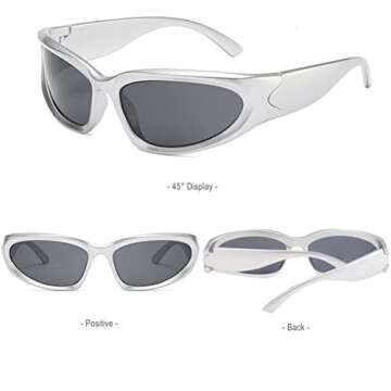BAWUYI Fashion Y2K Wrap Around Sunglasses for Men Women 2000s Accessories Cool Cyber Glasses Biker Shades Shield (Silver Frame-Grey Lens)