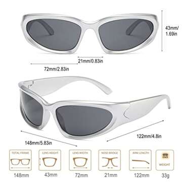 BAWUYI Fashion Y2K Wrap Around Sunglasses for Men Women 2000s Accessories Cool Cyber Glasses Biker Shades Shield (Silver Frame-Grey Lens)
