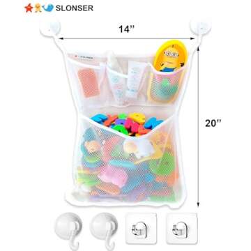 Bath Toy Holder 14x20 Inch, Mesh Bathtub Toy Storage Basket, Kids Bath Net, Tub Holder Bag, Toddler Shower Caddy Hanging Bucket Bin, Baby Bathroom Organizer with 2 Suction Cups, 2 Adhesive Wall Hooks