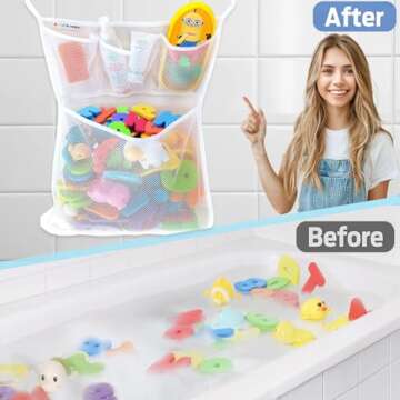 Bath Toy Holder 14x20 Inch, Mesh Bathtub Toy Storage Basket, Kids Bath Net, Tub Holder Bag, Toddler Shower Caddy Hanging Bucket Bin, Baby Bathroom Organizer with 2 Suction Cups, 2 Adhesive Wall Hooks