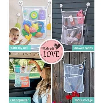 Bath Toy Holder 14x20 Inch, Mesh Bathtub Toy Storage Basket, Kids Bath Net, Tub Holder Bag, Toddler Shower Caddy Hanging Bucket Bin, Baby Bathroom Organizer with 2 Suction Cups, 2 Adhesive Wall Hooks