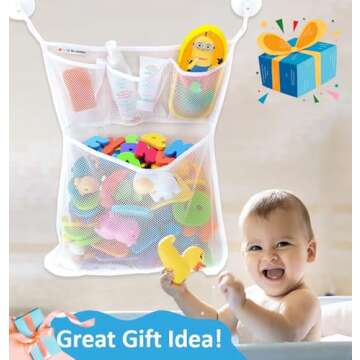 Bath Toy Holder 14x20 Inch, Mesh Bathtub Toy Storage Basket, Kids Bath Net, Tub Holder Bag, Toddler Shower Caddy Hanging Bucket Bin, Baby Bathroom Organizer with 2 Suction Cups, 2 Adhesive Wall Hooks