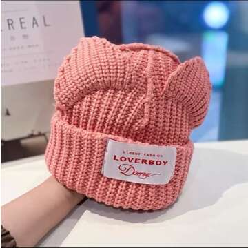 Cat Ear Hat Cute Beanie Hat Knit Wool Cap Warm Slouchy Crochet Hat (Pink)