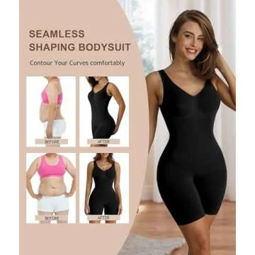 SHAPERX Women's Shaping Mid-Thigh Bodysuit Tummy Control Shapewear Seamless Sculpting Body Shaper,SZ5310-Black-S/M