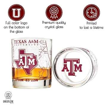 Greenline Goods - Texas A&M University Whiskey Glass Set (2 Low Ball Glasses) - Contains Full Color Texas A&M Logo & Campus Map - Texas A&M Aggies Gift Idea College Grads & Alumni - College Cocktail