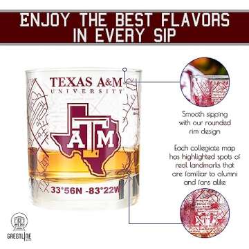 Greenline Goods - Texas A&M University Whiskey Glass Set (2 Low Ball Glasses) - Contains Full Color Texas A&M Logo & Campus Map - Texas A&M Aggies Gift Idea College Grads & Alumni - College Cocktail