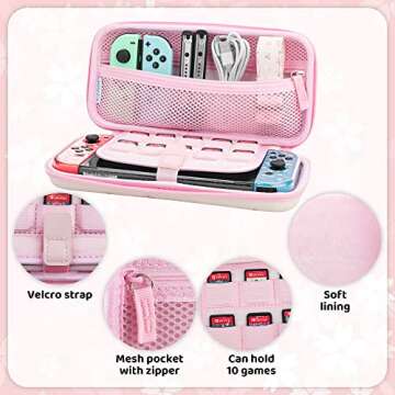 RHOTALL Sakura Pink Carrying Case Set for Nintendo Switch, Cute Cherry Blossom Storage Bag for Switc...