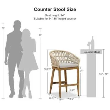 PURPLE LEAF Outdoor Rattan 24" Counter Height Bar Stools Chair Set of 2, Modern Upholstered Patio Bar Stool with Backrest for Indoor and Outdoor, Kitchen Island, Teak