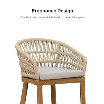 PURPLE LEAF Outdoor Rattan 24" Counter Height Bar Stools Chair Set of 2, Modern Upholstered Patio Bar Stool with Backrest for Indoor and Outdoor, Kitchen Island, Teak