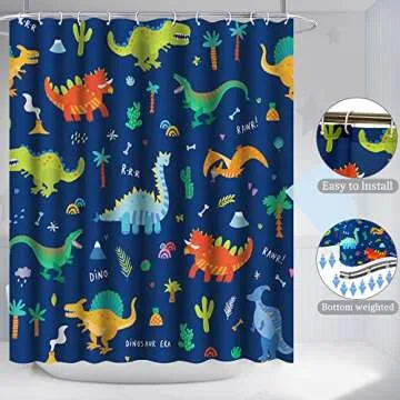 Poedist 4 Pcs Bathroom Shower Curtain Set,Kid's Bathroom Curtain Sets with Rugs(Bath Mat,U Shape and Toilet Lid Cover Mat) and 12 Hooks,Dark Blue Cartoon Dinosaur