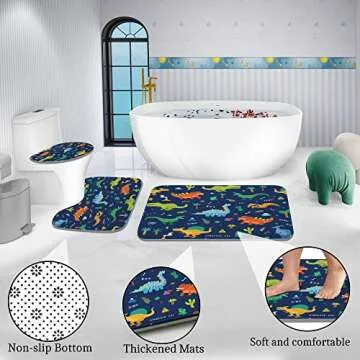 Poedist 4 Pcs Bathroom Shower Curtain Set,Kid's Bathroom Curtain Sets with Rugs(Bath Mat,U Shape and Toilet Lid Cover Mat) and 12 Hooks,Dark Blue Cartoon Dinosaur