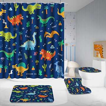 Poedist 4 Pcs Bathroom Shower Curtain Set,Kid's Bathroom Curtain Sets with Rugs(Bath Mat,U Shape and Toilet Lid Cover Mat) and 12 Hooks,Dark Blue Cartoon Dinosaur