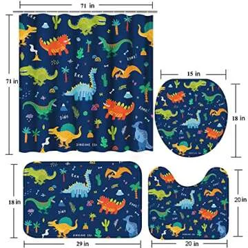 Poedist 4 Pcs Bathroom Shower Curtain Set,Kid's Bathroom Curtain Sets with Rugs(Bath Mat,U Shape and Toilet Lid Cover Mat) and 12 Hooks,Dark Blue Cartoon Dinosaur