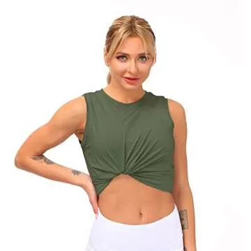 Dragon Fit Women Sleeveless Yoga Tops Workout Cool T-Shirt Running Short Tank Crop Tops (Olive Green, Large)
