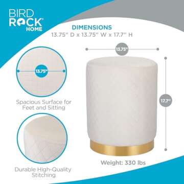 BIRDROCK HOME Velvet Round Ottoman Foot Stool with Lattice Design and Gold Trim - Soft, Padded Foot Rest for Living Room or Bedroom – Decorative Foot Ottoman for Chair, Rocking Chair or Couch - Cream