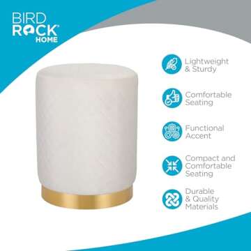 BIRDROCK HOME Velvet Round Ottoman Foot Stool with Lattice Design and Gold Trim - Soft, Padded Foot Rest for Living Room or Bedroom – Decorative Foot Ottoman for Chair, Rocking Chair or Couch - Cream