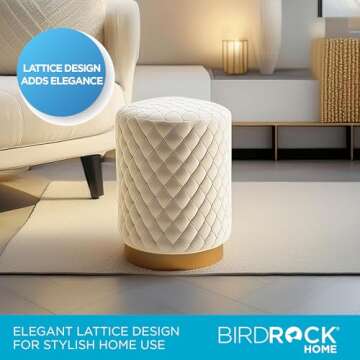 BIRDROCK HOME Velvet Round Ottoman Foot Stool with Lattice Design and Gold Trim - Soft, Padded Foot Rest for Living Room or Bedroom – Decorative Foot Ottoman for Chair, Rocking Chair or Couch - Cream