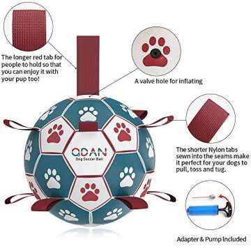 QDAN Dog Toys Soccer Ball with Straps, Interactive Toys for Tug of War, Puppy Birthday Toy, Dog Water Toy, Dog Balls for Small Medium Dog (6 Inch)