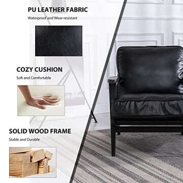 Dolonm Modern Faux Leather Accent Chair Mid Century Lounge Danish Armchair Reading Chairs Upholstered Recliner Arm Chair with Wood Frame and Cushions for Living Room Bedroom Hosting Room (Black)