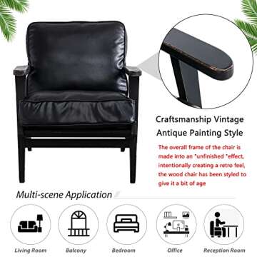 Dolonm Modern Faux Leather Accent Chair Mid Century Lounge Danish Armchair Reading Chairs Upholstered Recliner Arm Chair with Wood Frame and Cushions for Living Room Bedroom Hosting Room (Black)
