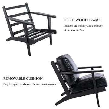 Dolonm Modern Faux Leather Accent Chair Mid Century Lounge Danish Armchair Reading Chairs Upholstered Recliner Arm Chair with Wood Frame and Cushions for Living Room Bedroom Hosting Room (Black)