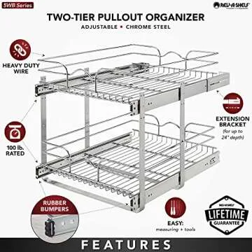 Rev-A-Shelf 2-Tier Kitchen Cabinet Pullout Shelf and Drawer Organizer Slide Out Pantry Storage Basket in Multiple Sizes, 18 x 22 In, 5WB2-1822CR-1