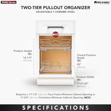 Rev-A-Shelf 2-Tier Kitchen Cabinet Pullout Shelf and Drawer Organizer Slide Out Pantry Storage Basket in Multiple Sizes, 18 x 22 In, 5WB2-1822CR-1