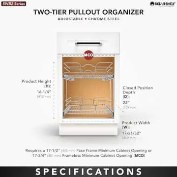 Rev-A-Shelf 2-Tier Kitchen Cabinet Pullout Shelf and Drawer Organizer Slide Out Pantry Storage Basket in Multiple Sizes, 18 x 22 In, 5WB2-1822CR-1
