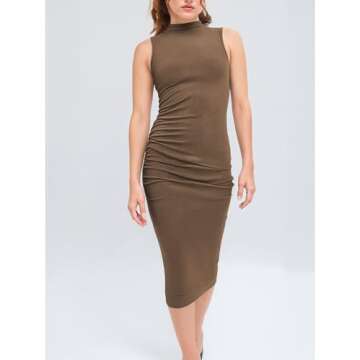 CIDER Work Dresses for Women High Neck Sleeveless Bodycon Ruched Cocktail Party Midi Dresses Brown