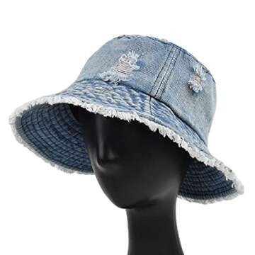 Distressed Denim Bucket Hat Ripped Frayed Edge Sun Hat for Women Men (Light Blue)