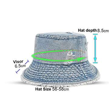 Distressed Denim Bucket Hat Ripped Frayed Edge Sun Hat for Women Men (Light Blue)