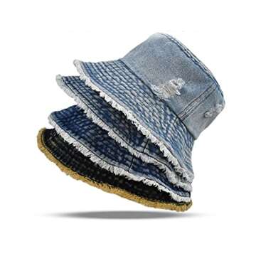 Distressed Denim Bucket Hat Ripped Frayed Edge Sun Hat for Women Men (Light Blue)