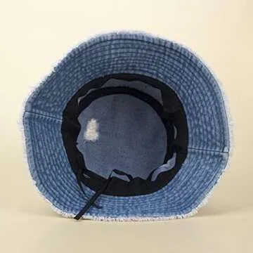 Distressed Denim Bucket Hat Ripped Frayed Edge Sun Hat for Women Men (Light Blue)
