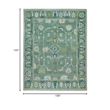 CSILLA HOUSE Handknotted Turkish Oushak Rug - 9X12 ft - Premium Handmade Oriental Full Green Carpet, Authentic Decorative Floral Woolen Turkish Oushak for Bedroom, Dining Room, Luxury Home Decor