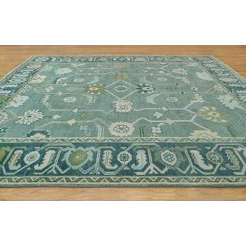 CSILLA HOUSE Handknotted Turkish Oushak Rug - 9X12 ft - Premium Handmade Oriental Full Green Carpet, Authentic Decorative Floral Woolen Turkish Oushak for Bedroom, Dining Room, Luxury Home Decor